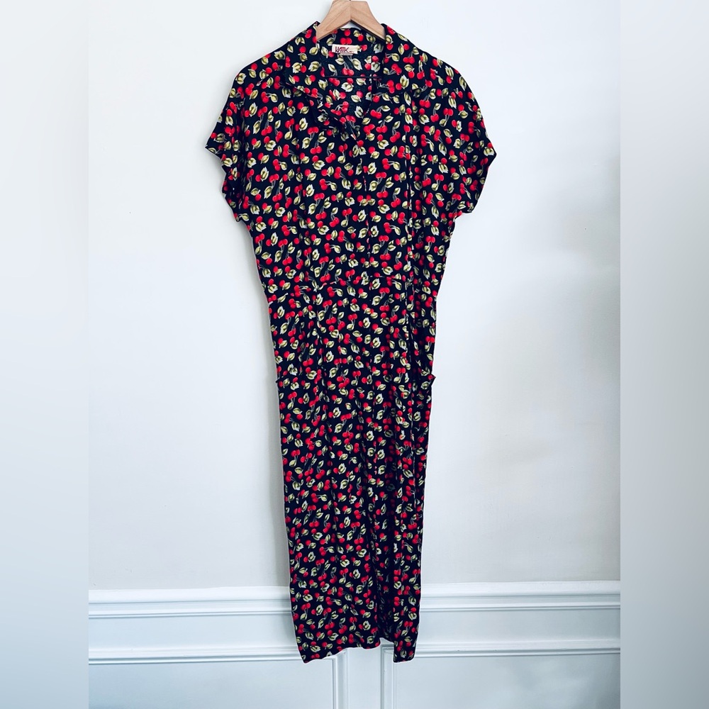 Vintage Katie MFG cherry print midi dress button front pockets 14